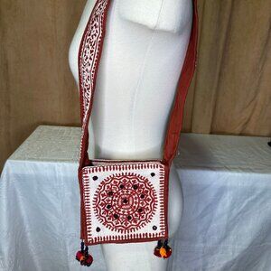 Red & White Mirrored Crossbody Bag, Mandala Design, Handcrafted in India, Tassel